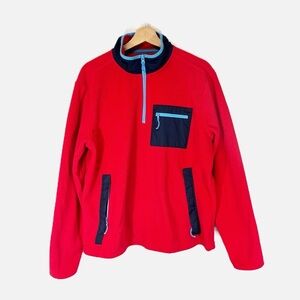 Lands' End Mens 1/4 Zip Heritage Fleece Pullover in Red Navy Trim Size L 42-44